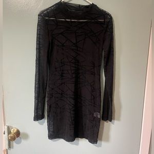 Women's See Through Mesh Long Sleeve Mock Neck Dress Bodycon Dress
